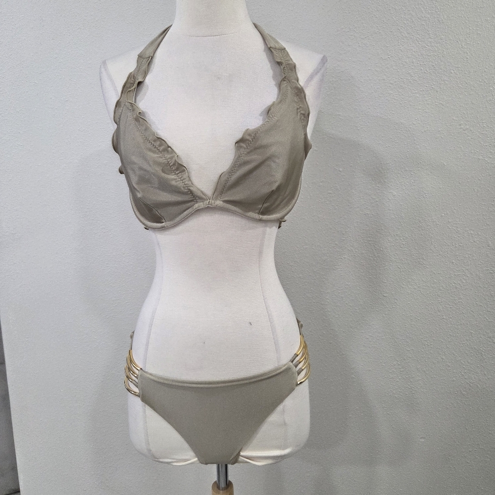 Gold Ruched High-Waisted Bikini Set - Picture 4 of 10